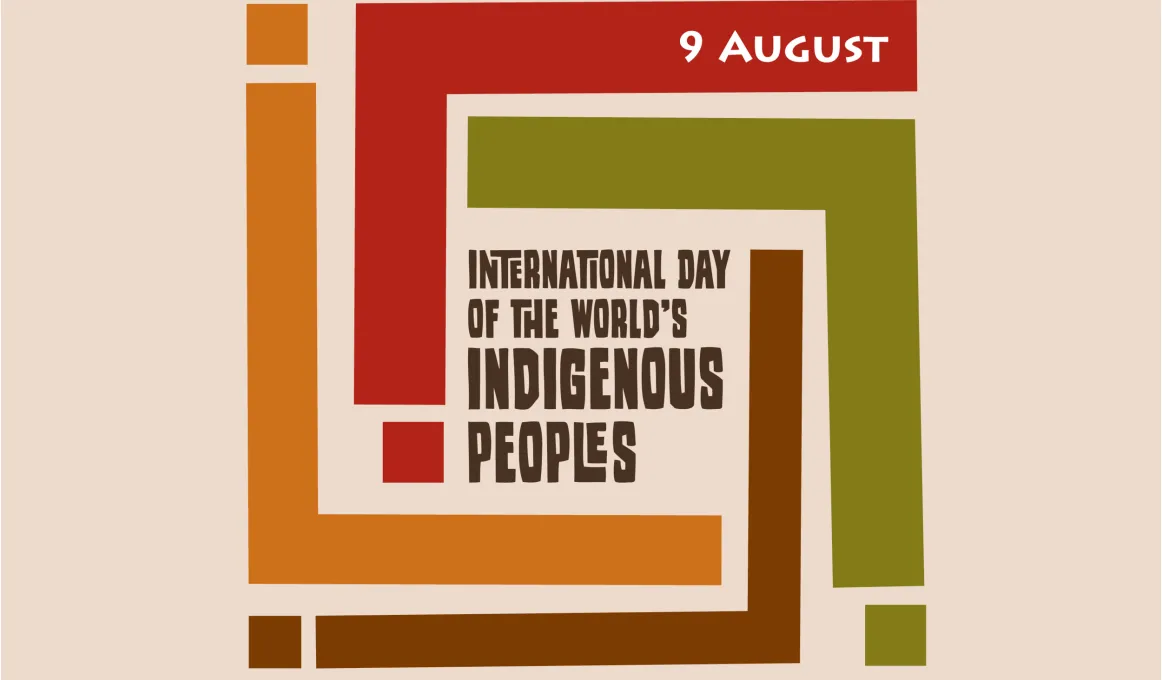 Orange, red, green and brown figures representing the letter i in L shape bend around the words: International Day of the World’s Indigenous Peoples. On the orange is 9 August.