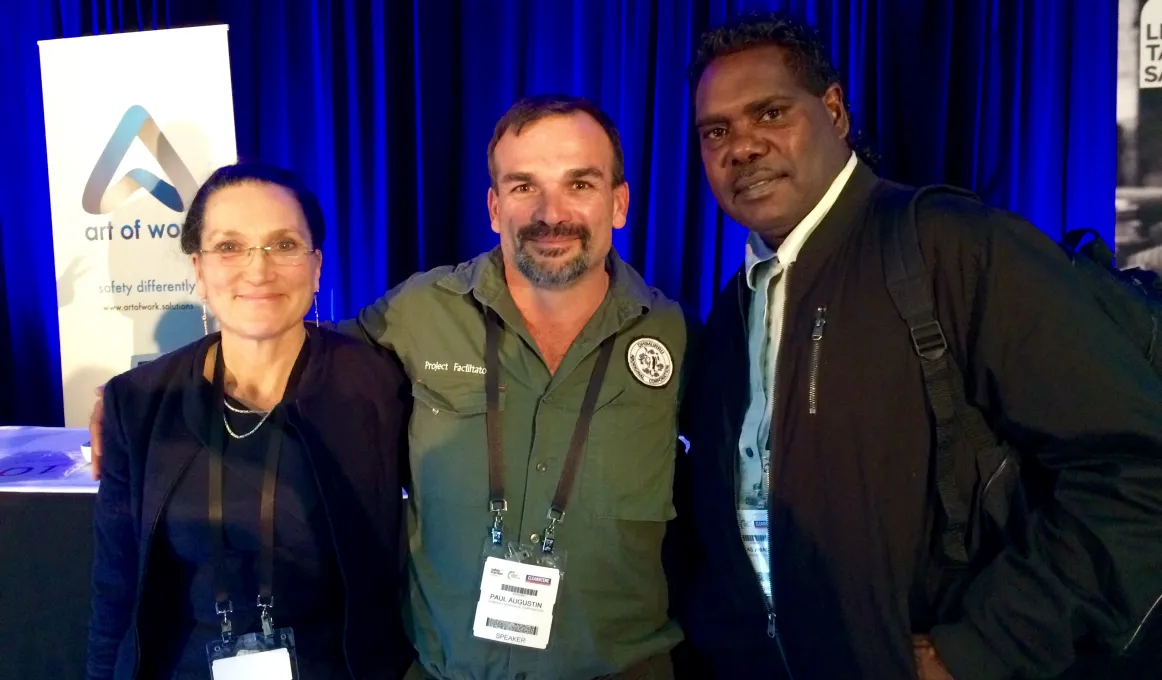 Dr Peta Miller (Safe Work Australia), Paul Augustin and Thomas Amagula (Dhimurru Aboriginal Corporation) at the Safety in Action conference in Sydney