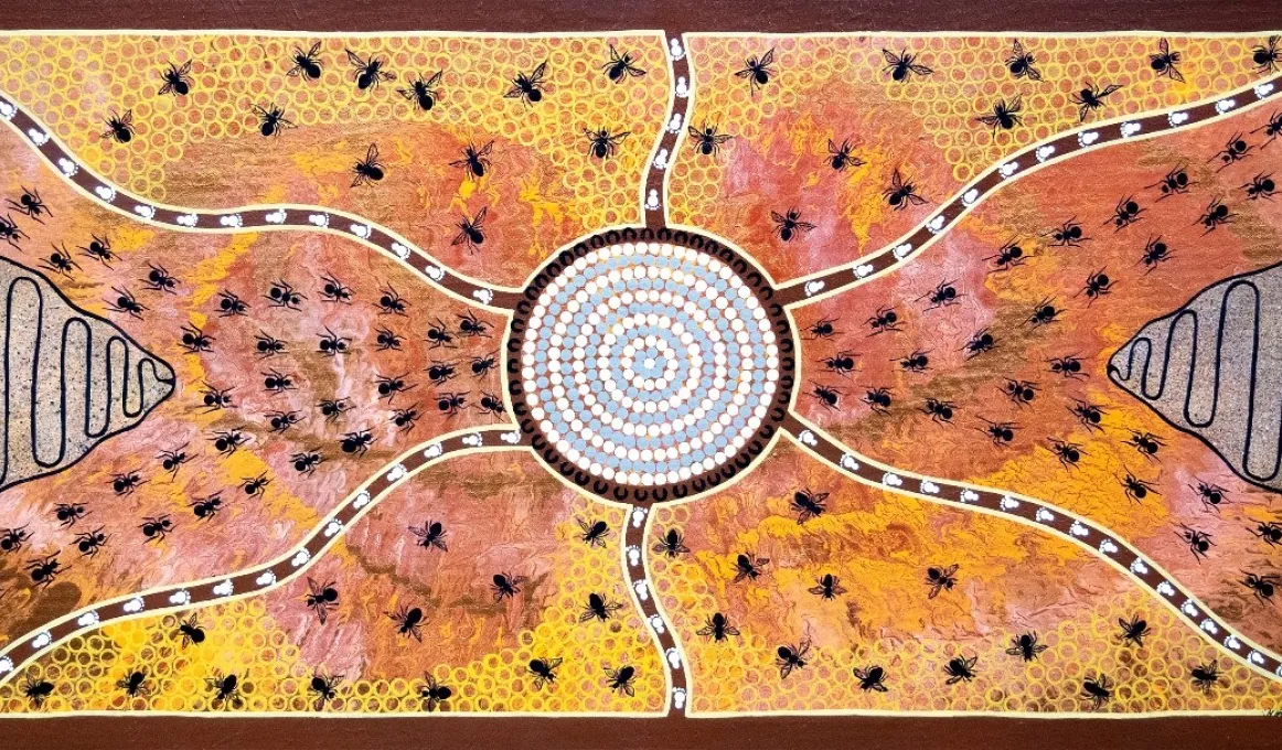 Indigenous artwork with yellow, pink, orange background. White and blue dot circle in the middle surrounded by a deep brown circle line, six lines of footprints extend from the centre circle to each corner and top and bottom of artwork. Between each line