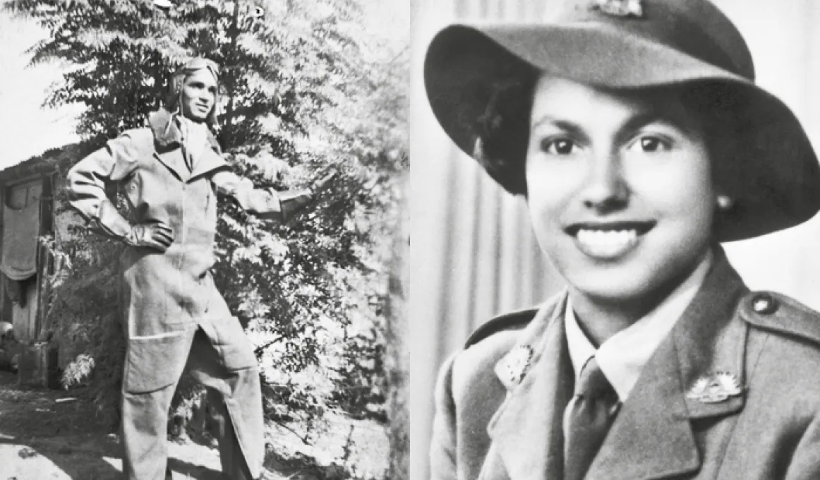 There are two portraits. On the left is a black and white photograph of an Aboriginal man in full length pilot suit standing in front of a tree and building. On the right is a smiling Aboriginal woman in military uniform and hat. Behind her are curtains.