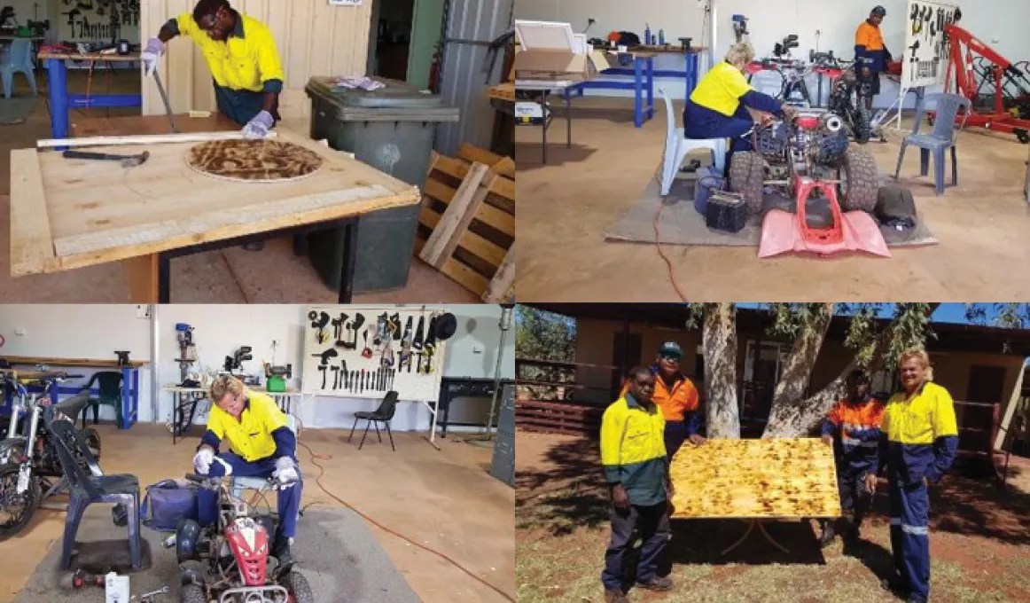 Multiple images of people wearing work wear inside and outside work areas.