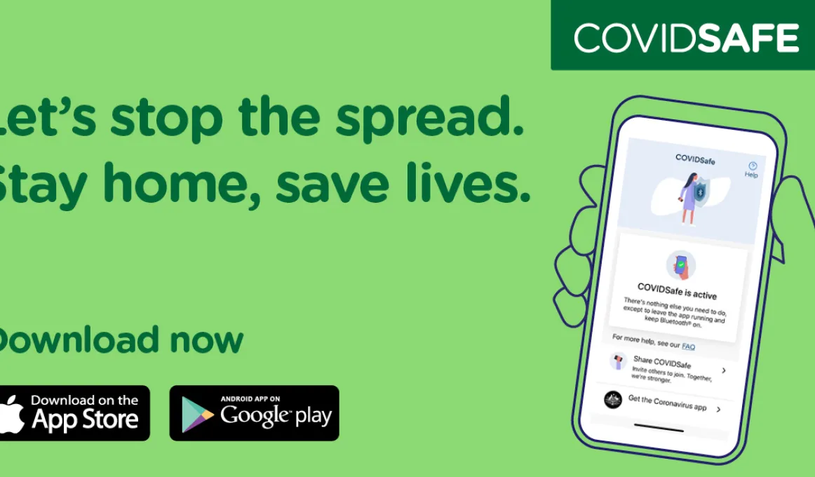 A green tile with the image of a hand holding a smartphone at right and at left the following words: Let's stop the spread. Stay home, save lives. Download now. CovidSafe.