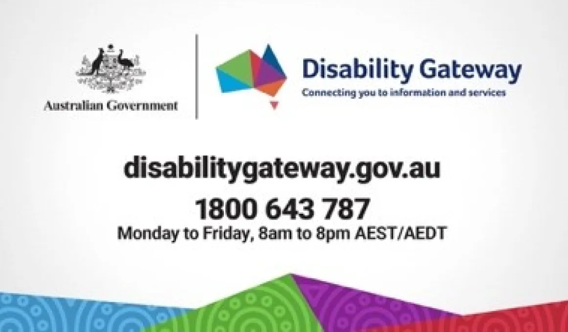 A white tile with a logos at top right and left. In the middle is the text: disabilitygateway.gov.au 1800 643 787 Monday to Friday, 8am to 8pm AEST/AEDT