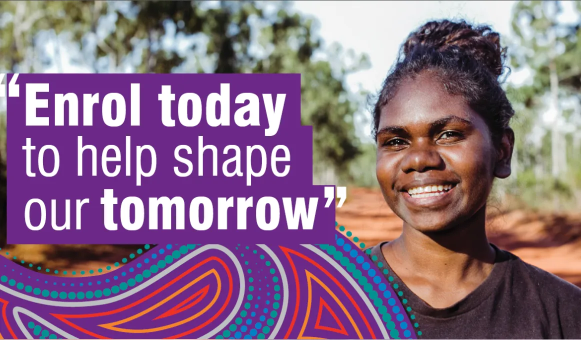 A young woman with her hair pulled up, smiling and wearing a black top stands on a dirt road with trees either side of it. Text to her right says Enrol today to help shape our tomorrow.