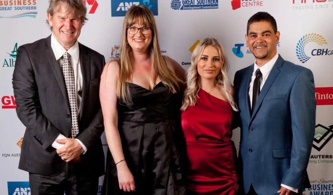 Chamber of Commerce business awards where Impact Services won the 2020 Indigenous Business of the Year award. From left to right, Stephen Quain, Stevie Paterson, Georgia Scott, and Stuart Roberts.