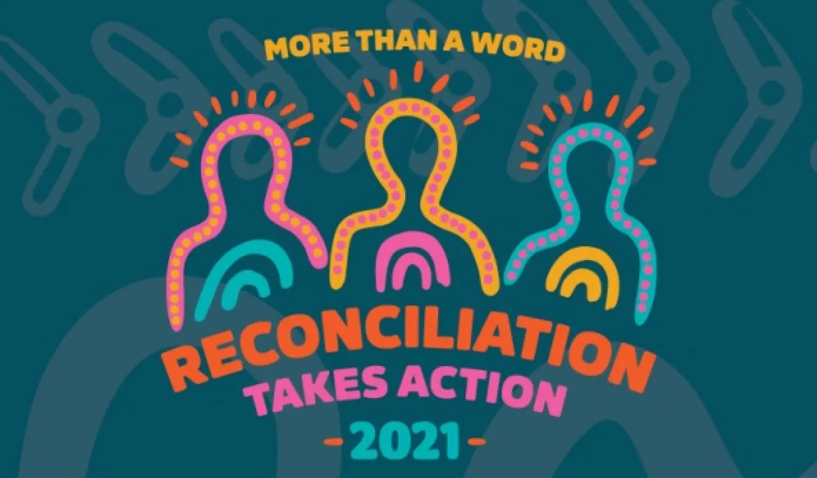 Blue tile with 3 dot and line formed human shapes. Words are: More than a word. Reconciliation takes action 2021.