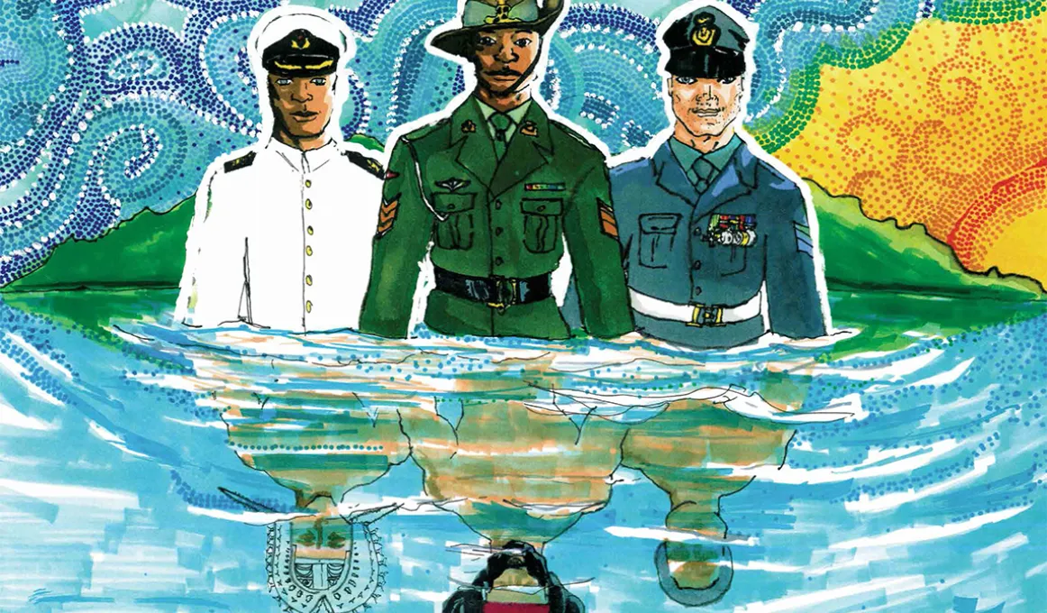 Graphical image of three Indigenous people dressed in naval, army and airforce uniforms but their images reflected in pool showing traditional Aboriginal and Torres Strait Islander dress