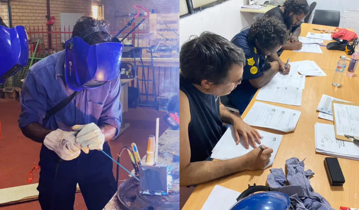 Two images side by side: at left a man works at a bench using welding equipment. He wears protective clothing and head wear. At right, 3 men sit at a desk and write with pens on forms.