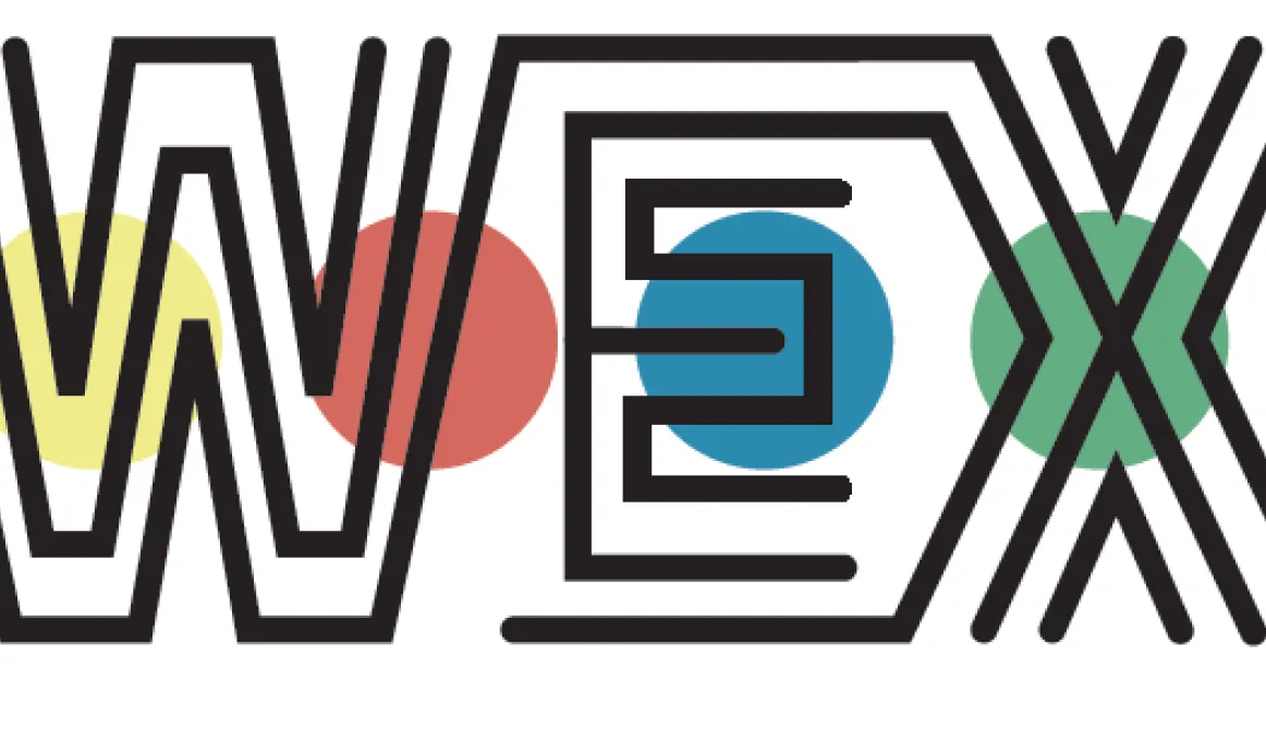 A white tile with filled circles arrayed horizontally of yellow, red, blue and green colours are overlayed with the word WEX, the letters made from multiple black lines in parallel.