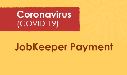 Yellow tile with the words JobKeeper Payment at the base and above them, a red panel with the words Coronavirus (COVID-19).