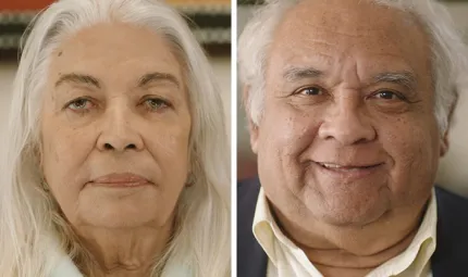 An image with two panes: at left is a mature woman with long white hair. At right is a mature man with white hair and wearing a dark jacket and pale shirt.