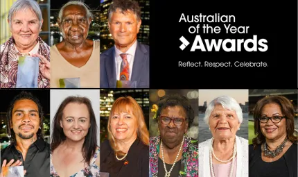 Collage of photographs of the 2021 Australian of the Year Award recipients and the Australian of the Year logo