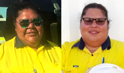 Two head and shoulder shots side by side of two women wearing glasses and yellow workshirts with their hair pulled back.