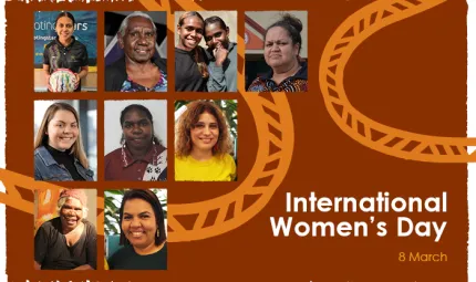 Large ochre coloured tile with multiple images of Indigenous women, some Indigenous designs and the following text: International Women’s Day 8 March.