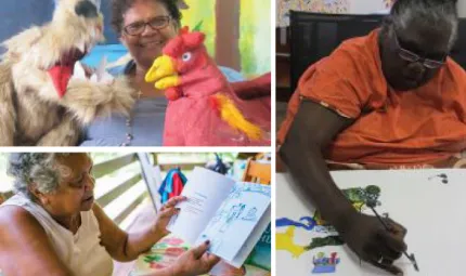 A composite of four images including mature women holding puppets, reading a book and painting. The 4th image is of a book opened up on a desk.