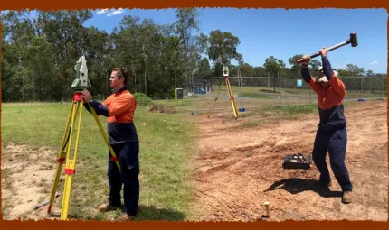 Two images stitched together. At left is a young adult man standing behind a surveyor’s tripod. In the background is grass and trees. At right the same man holds a sledge hammer above his head and below him is a peg in the ground.