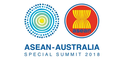 At top left are concentric circles beginning on the outside with dots and lines inside leading to a yellow centre. At top right is a yellow hourglass like figure on red background with the word ‘asean’ underneath. Underneath are the words ASEAN-AUSTRALIA