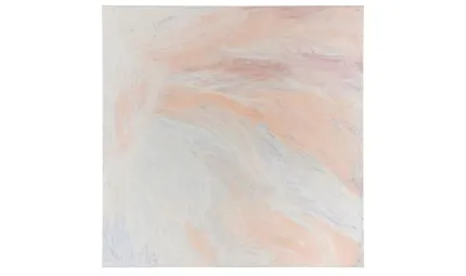 A pale painting incorporating white, blue, ochre and red wispy brush strokes running predominantly from top left to bottom right.