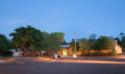 Buku-Larrnggay Mulka Centre sitting among trees with flag in front.