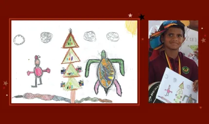 Two images side by side. At left is a hand drawn collection of images: person, Christmas tree, turtle and snake below. At right is a photo of a young boy holding the same drawing. He wears a maroon shirt and wears a cap on his head.