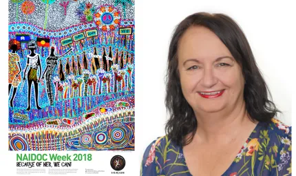 The 2018 NAIDOC Week Poster ‘tarmunggie – Woman’, with artist, Cheryl Moggs.