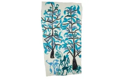 A large bark painting over two metres tall. On a white background, two trees with blue leaves and black trunks stand side by side. Amongst the leaves and branches are bees and other insects painted blue. Under the trees are more plants painted in shades o