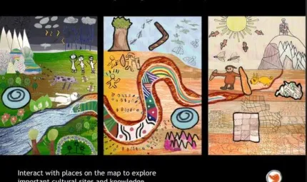 Three panels featuring different drawn images of landscapes. Top and bottom are black panels with the words Bangerang Woka (Land) at top and Interact with places on the map to explore important cultural sites and knowledge at bottom.