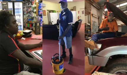 Three images in a row, from left to right. Elizabeth – an Aboriginal woman sitting behind a cash register in a store. Kevin – Aboriginal man in a room with a mop and bucket. Joel – Aboriginal man working on a car.