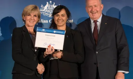 Amarina Smith receives her New Colombo Plan Award from the Governor-General, His Excellency General the Honourable Sir Peter Cosgrove AK MC (Retd) and Minister for Foreign Affairs, the Hon Julie Bishop MP