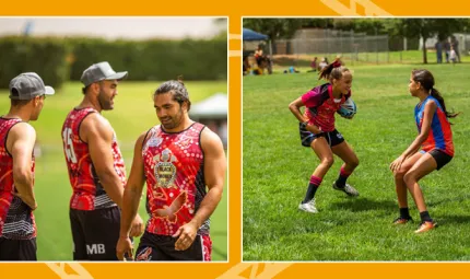 The first image shows 3 adult male footballers on a grassy oval on a sunny day. One is facing the camera, the others are facing away from the camera.The second image is an action shot of 2 girls of late primary school age on a grassy oval playing football