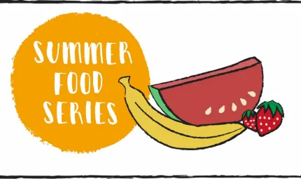 White background with orange circle with “Summer Food Series” written in the middle. To the right half a watermelon, two strawberries and one banana.