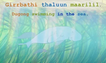 An animated image of 3 dugongs swimming amongst sea grasses. Above them are the words: Girrbathi thaluun maarilil. Dugong swimming in the sea.