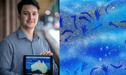 Young man with dark hair holding iPad featuring the Bureau of Meteorology’s Indigenous Weather Knowledge website. The webpage shows a map of Australia