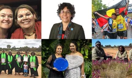 Six photos in a montage. Starting top left: 2 women with traditional face paint, woman in dark jacket wearing glasses, woman and man standing on street holding Aboriginal flag behind them, group of women in graduation gowns and holding certificates