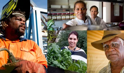 Montage of four pictures featuring an Indigenous man dressed in safety work wear, two Indigenous people in restaurant kitchen, Indigenous woman behind leafy vegetable and Indigenous man in brimmed hat.