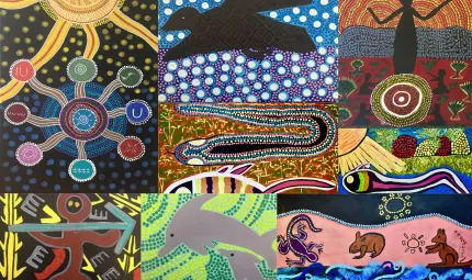 Collage of paintings featuring Aboriginal designs in multiples colours.