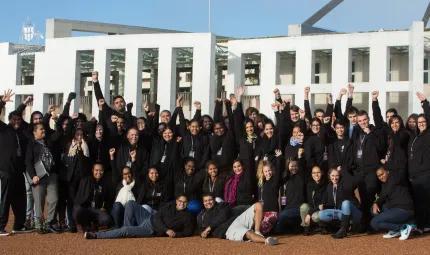 Many Indigenous youth in front of Parliament House