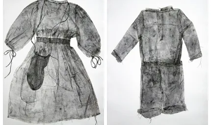 Two life-size prints in separate frames side by side. At left is the image of a uniform dress with pull string sleeves and a dillybag hanging about the neck. At right is an image of a long sleeve collarless shirt matched with shorts.