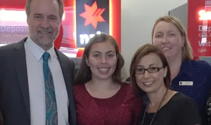 Minister for Indigenous Affairs, Nigel Scullion, with trainee Lakota Coleman, Lakota’s manager Hanan Etri, and Regional Operations Manager Allison Baker at NAB Parramatta.