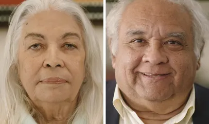 Two closeup images side by side: at left is an elderly woman with long white hair and at right, an elderly man with white hair and wearing a white shirt and dark jacket.