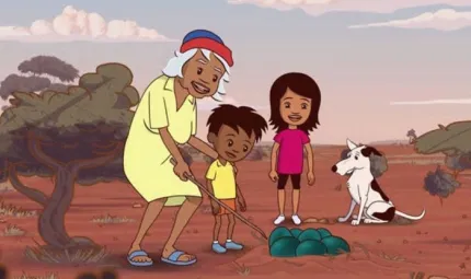 Animated image featuring an elderly Indigenous woman, Indigenous boy and girl, and a black and white dog inspecting green emu eggs in a nest on red soil with trees in the background.