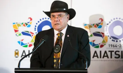 Australian Institute of Aboriginal and Torres Strait Islander Studies (AIATSIS) Chairperson Professor Mick Dodson at the launch of the AIATSIS coin.