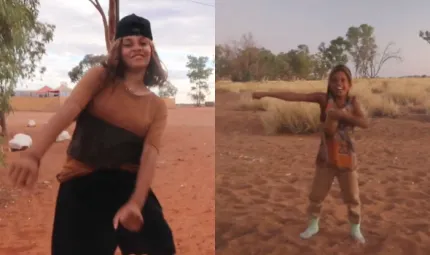 Two images side by side. At left, a young woman in brown top and black shorts, stands on red soil. In the background are trees and a cloudy sky. At right is a young boy in colourful top and brown trousers standing on brown soil with trees and grass beyond