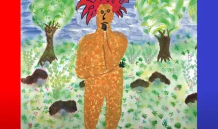 A drawn image of a yellow figure with red spikey hair. In the background is blue sky, trees, rocks and green grass.