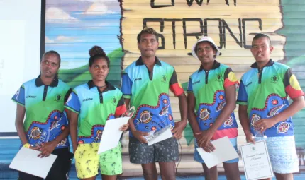 Photo of 5 students in front of a mural on Palm Island