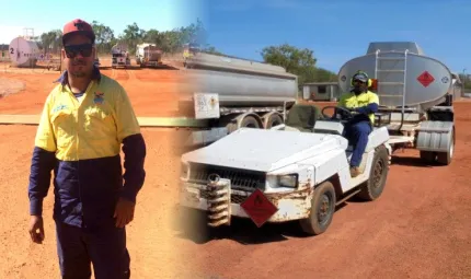 On the left: Indigenous man dressed in workwear stands in front of fuel trucks and fuel tank. On the right: Indigenous man dressed in workwear drives a white fuel trailer past a fuel truck.