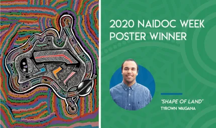 Two panels side by side. At left is a snake laying in the shape of Australia in a background of many colours. At right is a green panel with the words 2020 NAIDOC Week Poster winner and the image of a young adult Indigenous man in a blue shirt. Below are