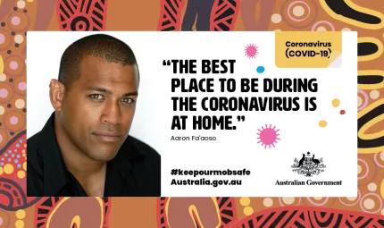 Image of Indigenous designs on background with a white foreground tile which includes an image of a young adult male at left and at right, the words: The best place to be during the coronavirus is at home.