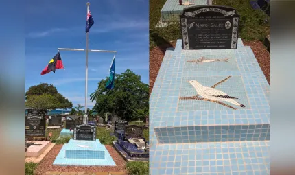 2 images side by side of a gravesite featuring blue tiles over the grave and a black headstone. Behind is a flag pole featuring the Aboriginal, Australian and Torres Strait Islands flag.