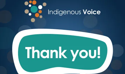 Blue tile with Indigenous Voice logo and the text "Thank you!" in a green and white speech bubble